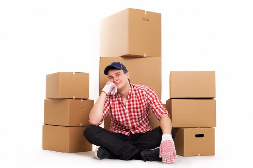 Packed business equipment ready for a Redbridge commercial move