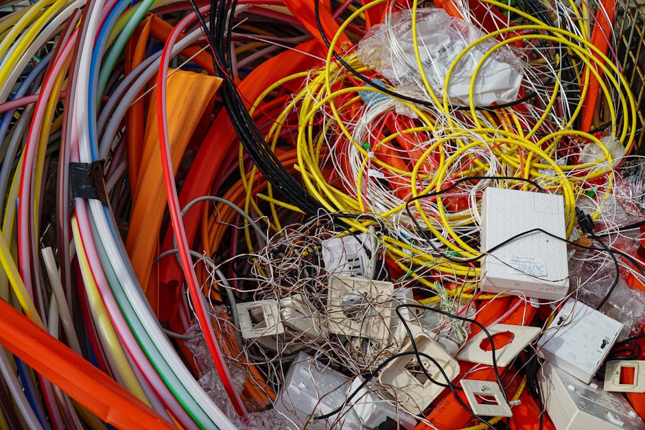 A large pile of tangled electrical wires, cables, and cords in various colours including yellow, black, orange, red, and white, intertwined and scattered across a surface. Among the wires are several plastic electrical switches and socket outlets, some with disconnected wires, and others still attached, with a few wrapped in plastic or bundled together. The scene is set indoors, possibly on the floor or a work surface, with some lighting casting shadows on the cluttered arrangement. This chaotic collection of household wiring appears ready for disposal or recycling, typical of a house clearance or property renovation. Occasionally, for context related to moving and removals, Man With a Van Redbridge would handle the safe removal and packing of such electrical items during a home relocation, ensuring proper handling and transport of electrical components and wiring.