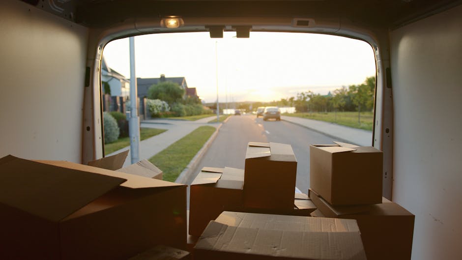 View from inside a moving van showing several cardboard boxes stacked near the open rear door, some of which are partially open with packing materials visible. The scene captures a home relocation process managed by Man With a Van Redbridge, with the boxes positioned for loading or unloading on a residential street during sunset. The background includes a paved road, parked cars, houses with gardens, and streetlamps, indicating a suburban environment. The natural lighting highlights the outdoor scenery and the edges of the moving van's interior, reflecting a typical furniture transport and packing activity within house removals and moving services.